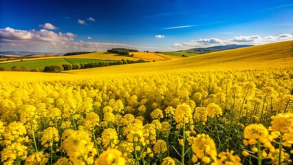 Fototapeta premium Vivid Yellow Rapeseed Fields Under the Summer Sun: A Scenic Landscape of Bright Blooms and Clear Blue Skies Capturing the Essence of Nature's Beauty and Tranquility