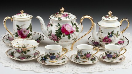 Exquisite China Tea Set on a Lace-Trimmed Tablecloth