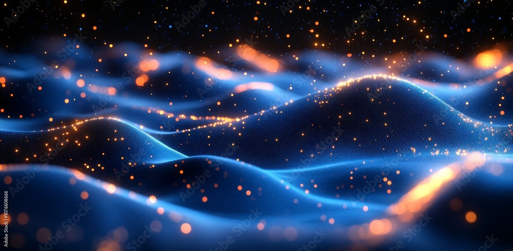 Poster a digital technology background showing a glowing horizontal line and wireframe wave network. a conc