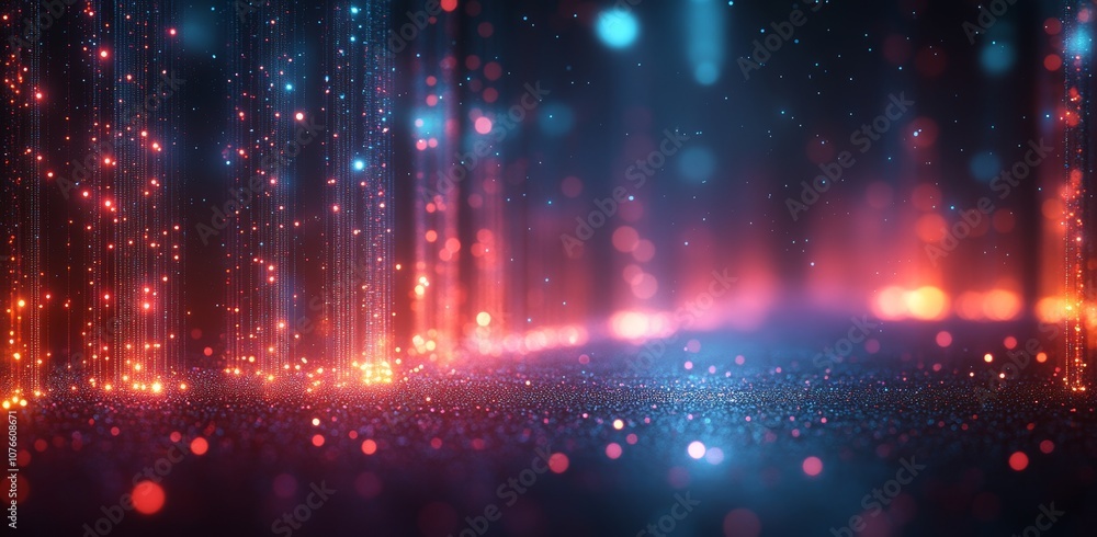 Poster the background features glowing dots floating on a digital landscape and a wave wireframe above.