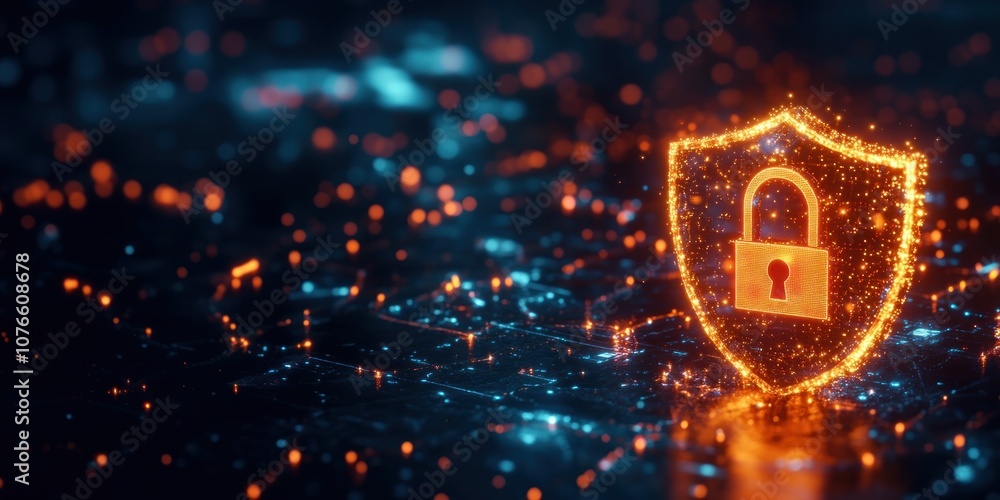 Aufkleber a digital shield with an illuminated padlock icon floating above it protection security virtual.