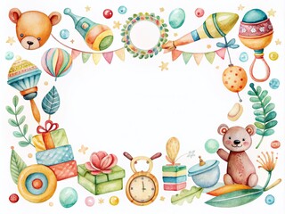 Obraz premium Watercolor Baby Toys and Accessories Frame in Boho Style for Postcards and Invitations – Perfect for Baby Showers, Newborn Celebrations, and Certificates