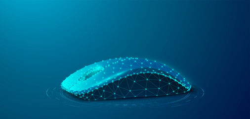 High-tech vector illustration of a polygonal wireframe computer mouse with a glowing blue grid and connection points