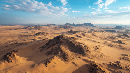 Fototapeta premium Aerial view of a vast desert with sweeping sand dunes and occasional rocky outcrops creating an otherworldly landscape