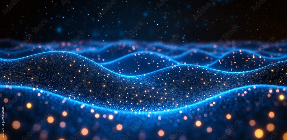 Poster the background is a detailed digital technology background with glowing waveform wireframe nets and 