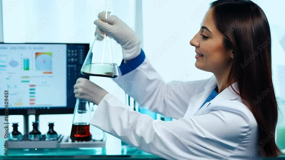Poster female scientist in a lab coat working with a flask in a laboratory, demonstrating precision and foc