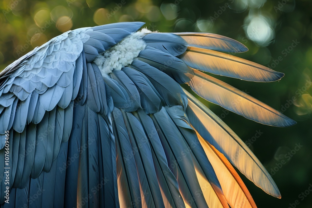 Poster beautiful wing feathers of a large bird with golden light illuminating them from behind