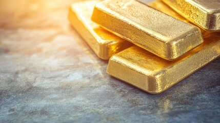 Glimmering Gold Bars Stacked Elegantly on a Textured Surface with Warm Lighting, Capturing the Essence of Wealth and Luxury in a Sophisticated Atmosphere