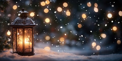 A vintage lantern with snowflakes falling around it christmas night background.