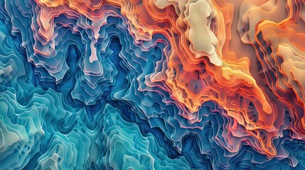 Obraz premium Aerial view of a digital topographic map with stylized hills and valleys, in bold colors.