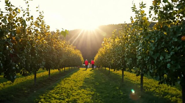 Camera tracking video through apple trees during harvest, ambient light filtering through leaves creating dappled shadows