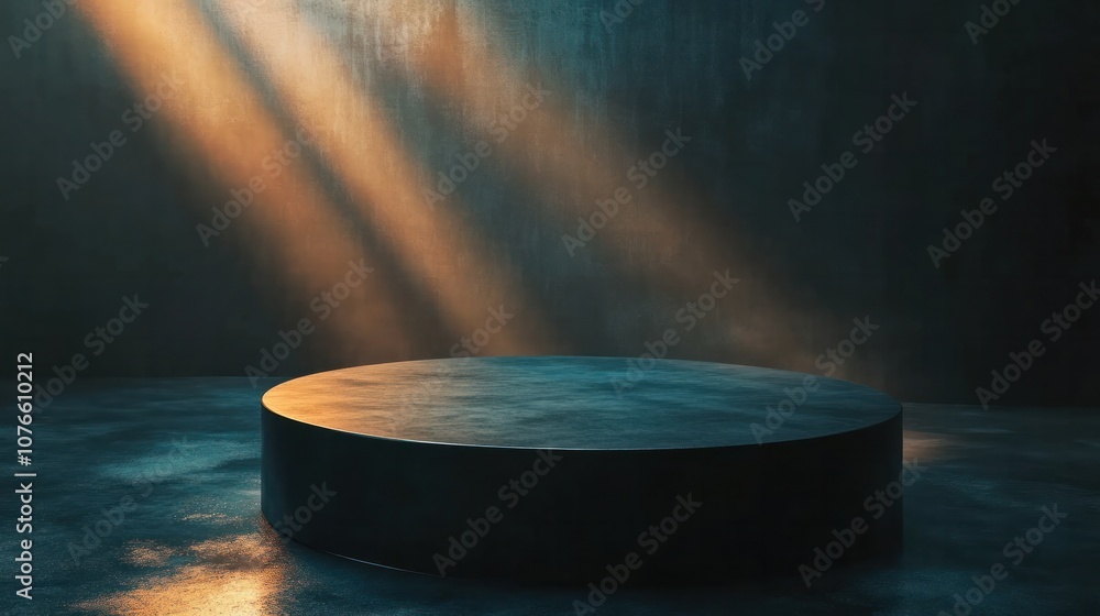 Poster a futuristic dark podium is elegantly lit in a high-tech environment, with soft reflections shimmeri