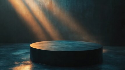 A futuristic dark podium is elegantly lit in a high-tech environment, with soft reflections shimmering across its surface.