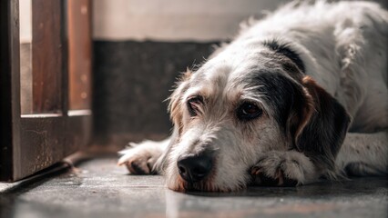 Thoughtful dog resting quietly beside a wooden door.
