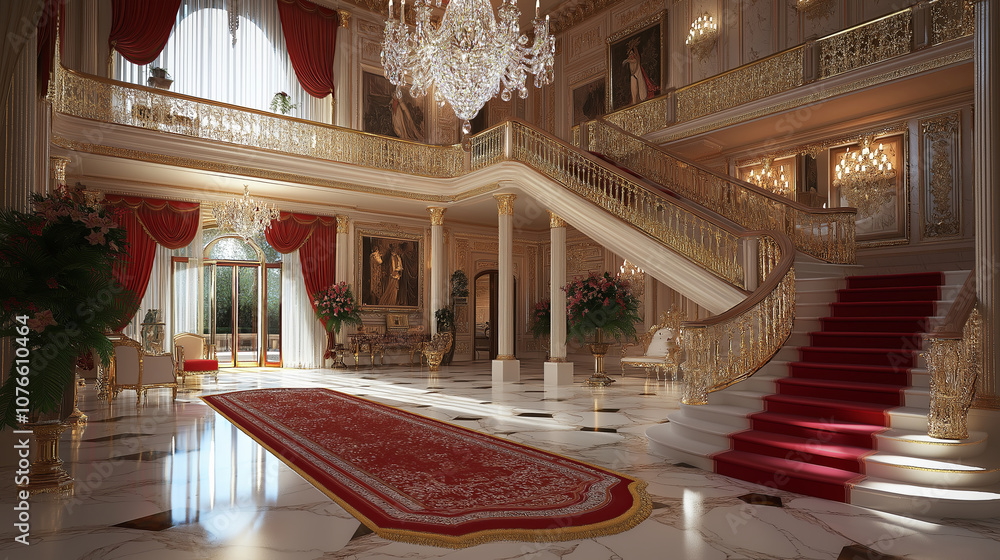 Poster crystal chandelier in a foyer with marble floors and staircase