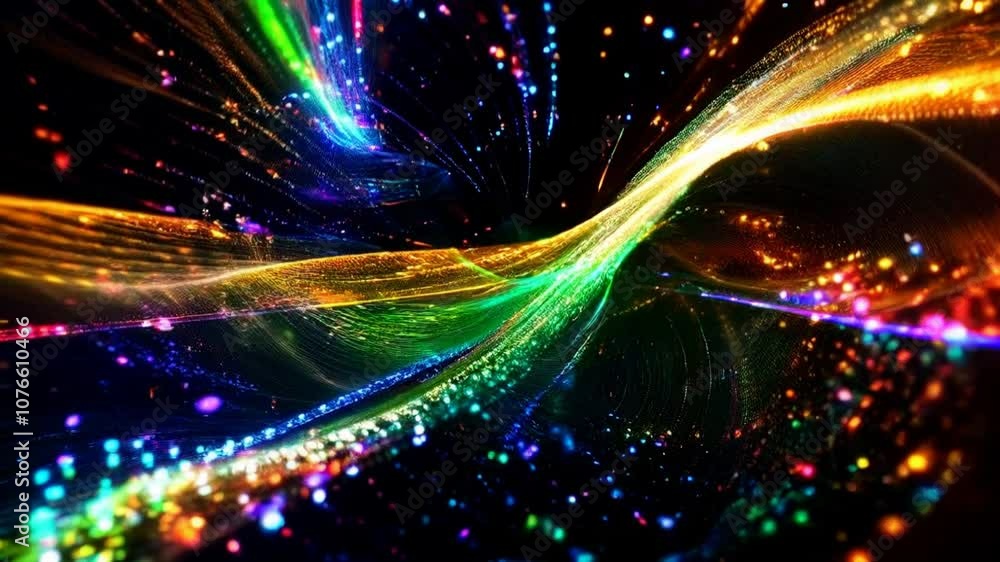 Poster abstract background consisting of moving shining bright waves and neon lines in motion
