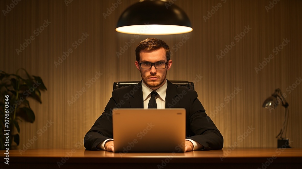 Poster a man in a suit is sitting at a desk with a laptop in front of him