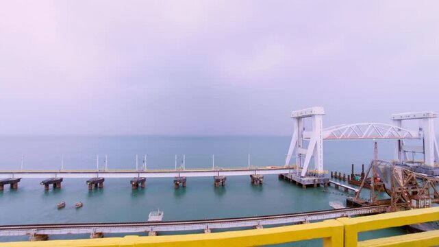 under construction pamban bridge on Palk Strait river in rameswaram in tamilnadu india