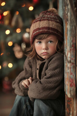 Sad and miserable little girl, child in winter clothes on Christmas background. Concept of poverty, loneliness, health problems, orphanhood and depression in children. 
