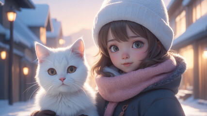 3d anime illustration of girl and cat on winter day