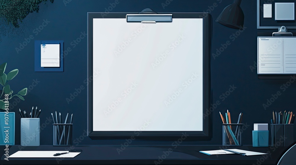 Wall mural blue background with a white frame and office elements, featuring clipboards and pens. the screen is