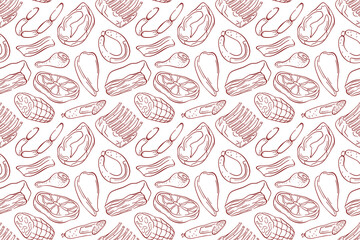 Seamless meat pattern with various cuts and types in line art style. Perfect for butcher shop design, culinary project or background in food related illustration.