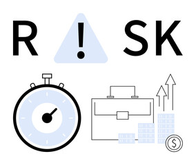 Risk concept with R K exclamation mark and triangle. Clock for time management briefcase for business, graphs for growth. Ideal for finance, business, management, investment, strategy, planning