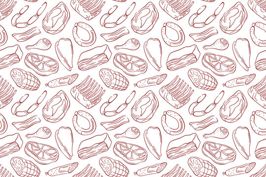 Seamless meat pattern with various cuts and types in line art style. Perfect for butcher shop design, culinary project or background in food related illustration.