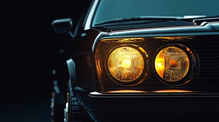 Close-Up of Brandless Family Car's Front Right Side with Headlights Against Black Fade Background