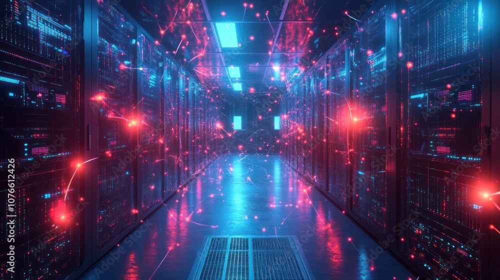 Poster a server room with rows of glowing data servers and abstract digital connections flowing throughout 
