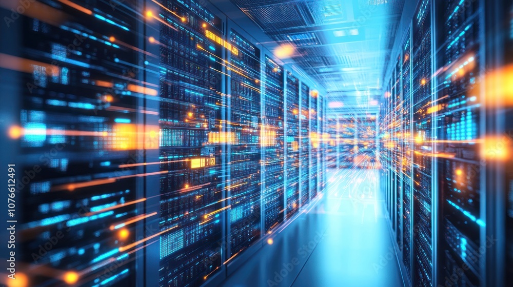 Poster a server room with rows of glowing data servers and abstract digital connections flowing throughout 