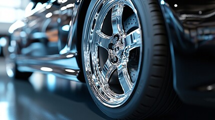 Close-Up of Shiny Chrome Alloy Car Wheel Against Smooth Dark Gray Background