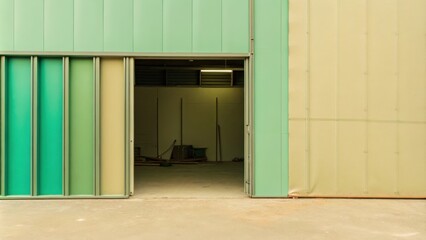 Industrial sliding doors on green partition walls in an open space