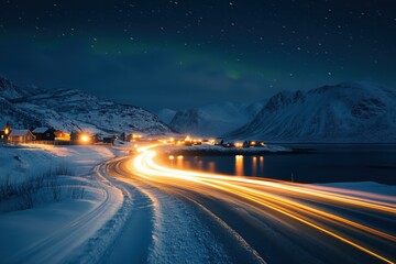 Light trails illuminating snowy road at night in lofoten islands, norway © Images from Dreams