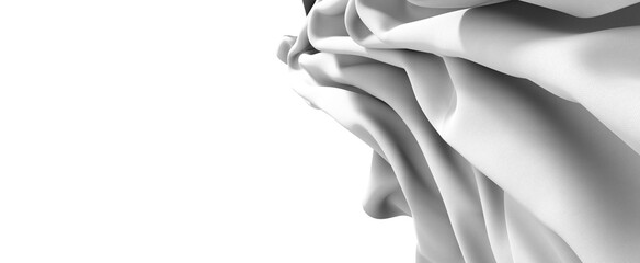 A close-up of a smooth gray fabric texture. The fabric is draped and flowing, creating abstract...