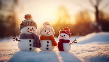 Obraz premium family of snowmen, dressed in hats and scarves, standing together in the snow, with a warm, golden glow in the background.