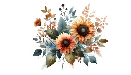 Watercolor Floral Bouquet With Sunflowers and Leaves. generator AI