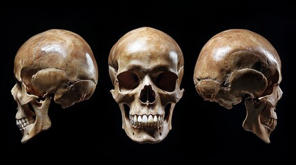 Obraz premium Realistic human skull, front, left, right view. Black background 