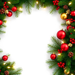 Christmas tree branches, berries and balls on white background