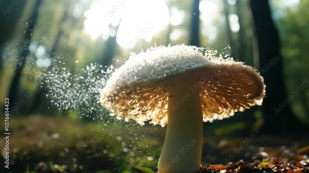 Poster macro video of a mushroom releasing spores in dappled forest light with a slow, steady zoom