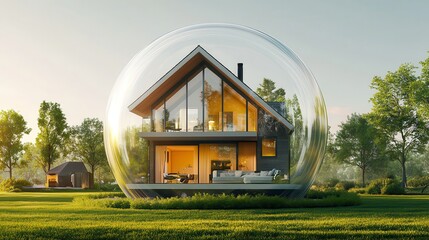 Housing Bubble.  Modern house inside a transparent bubble, on a clear outdoor background, representing the concept of protection and property insurance. 