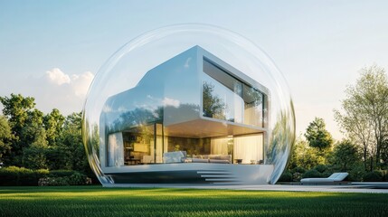 Housing Bubble. Modern house inside a transparent bubble, on a clear outdoor background, representing the concept of protection and property insurance. 