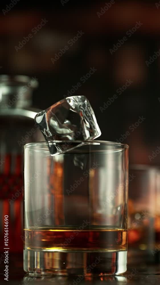Poster super slow motion of falling ice into glass of whiskey. filmed on high speed cinema camera, 1000 fps