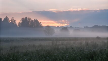 Misty sunrise over a tranquil rural landscape