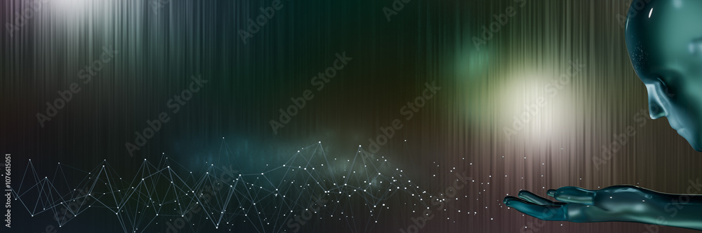 Poster concept of artificial intelligence generation. robot in the form of a transparent person with a neur