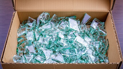 A cardboard box filled with broken glass shards, reflecting light.