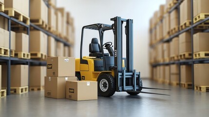 A yellow forklift in a warehouse with boxes stacked high on shelves.