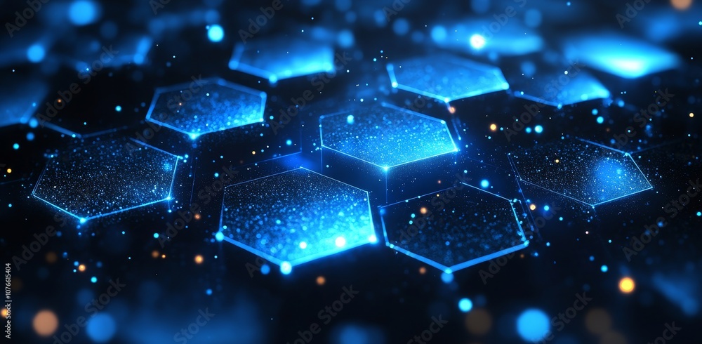 Poster in this design, an abstract futuristic blue digital hi technology background with grid hexagons and 