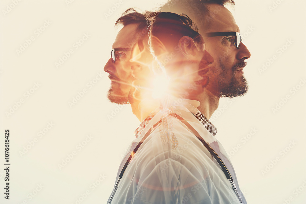 Poster a double exposure image of a worker in laboratory generative ai