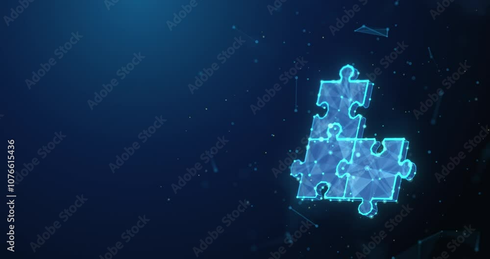 Poster abstract animated low poly jigsaw puzzle assembling continuously. synergy partnership, business team